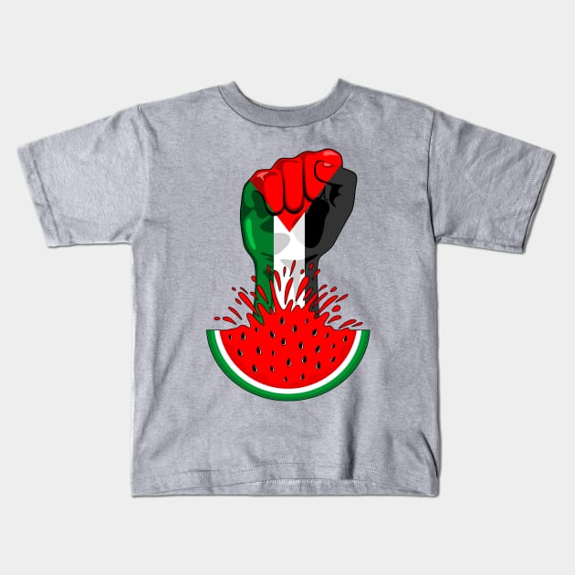 Palestine Flag on Revolution Fist Symbol of freedom coming out from a Watermelon Kids T-Shirt by BluedarkArt